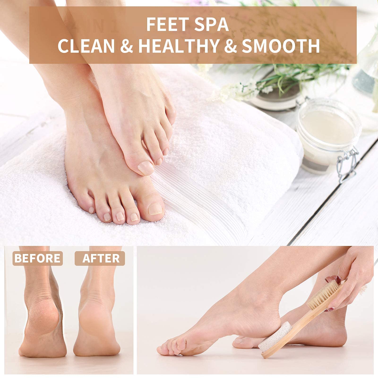 PatPat 4 In 1 Foot Pedicure Brush,Foot Scrubber,Foot File Callus Remover,Exfoliator Tools with Foot Care Bristle Brush,Sand Paper and Bamboo Handle PatPat 4 In 1 Foot Pedicure Brush,Foot Scrubber,Foot File Callus Remover,Exfoliator Tools with Foot Care Bristle Brush,Sand Paper and Bamboo Handle